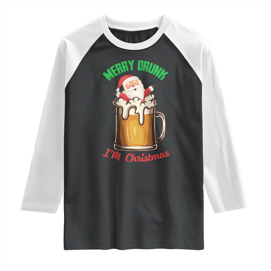 Funny Christmas Beer Raglan Shirt Merry Drunk I'm Xmas Wasted Santa TS11 Black White Print Your Wear