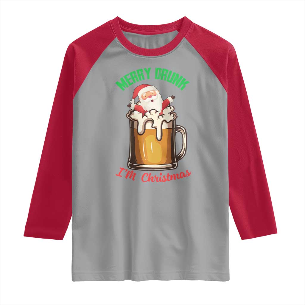 Funny Christmas Beer Raglan Shirt Merry Drunk I'm Xmas Wasted Santa TS11 Sport Gray Red Print Your Wear