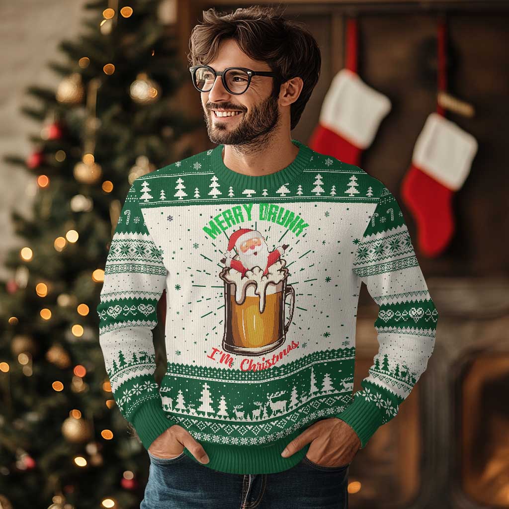 Funny Xmas Beer Ugly Christmas Sweater Merry Drunk I'm Xmas Wasted Santa TS11 Green Print Your Wear