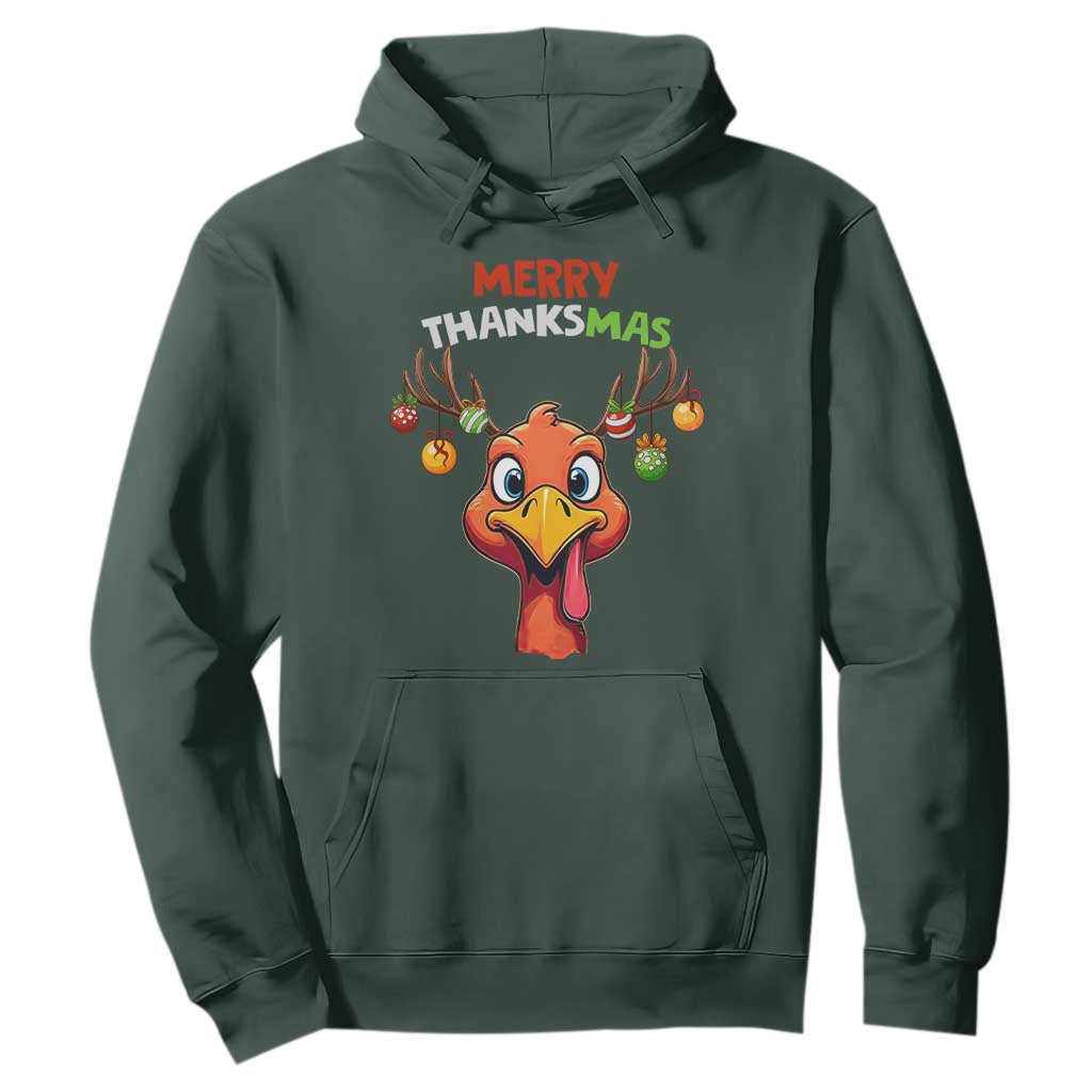 Funny Christmas Thanksgiving Hoodie Merry Thanksmas Turkey Reindeer Antler Baubles TS11 Dark Forest Green Print Your Wear