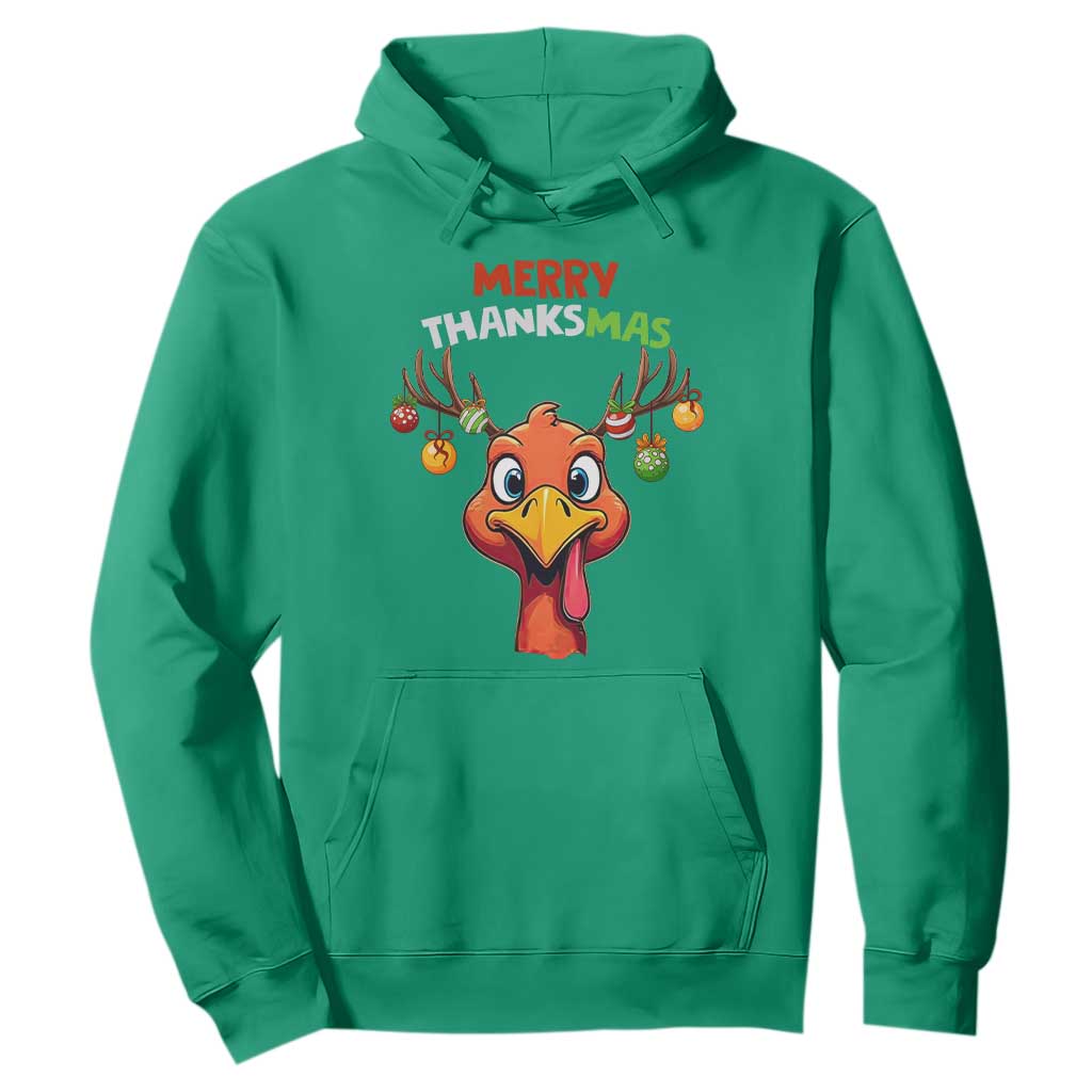 Funny Christmas Thanksgiving Hoodie Merry Thanksmas Turkey Reindeer Antler Baubles TS11 Irish Green Print Your Wear