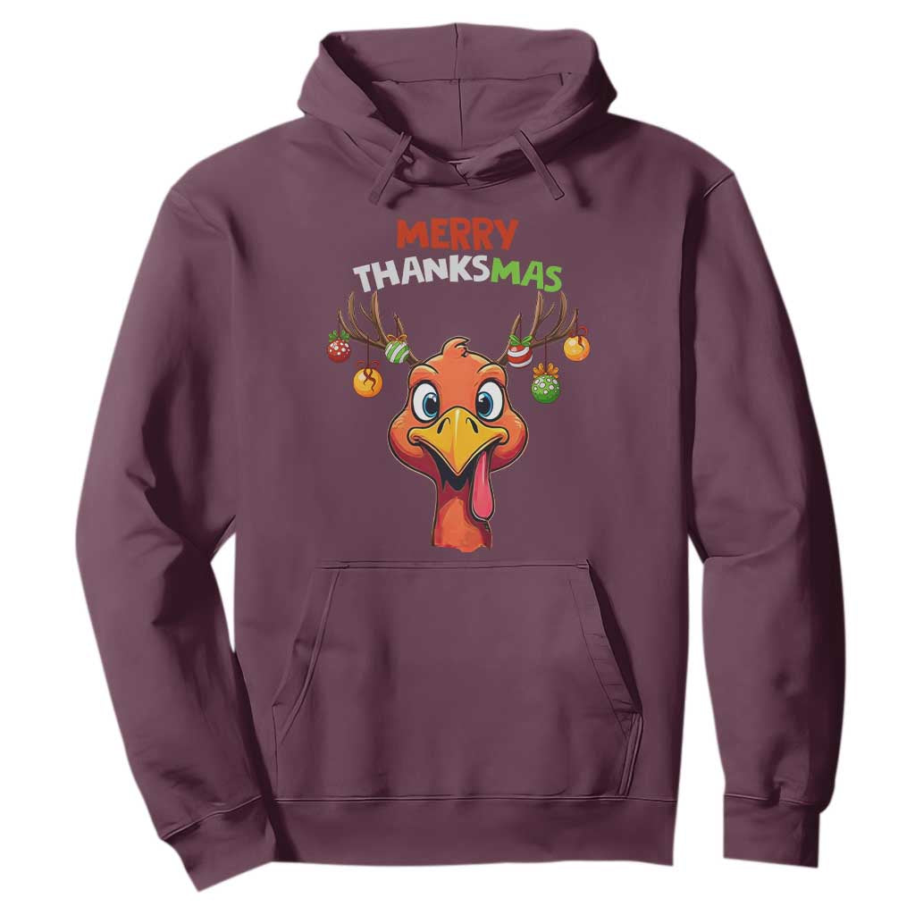 Funny Christmas Thanksgiving Hoodie Merry Thanksmas Turkey Reindeer Antler Baubles TS11 Maroon Print Your Wear