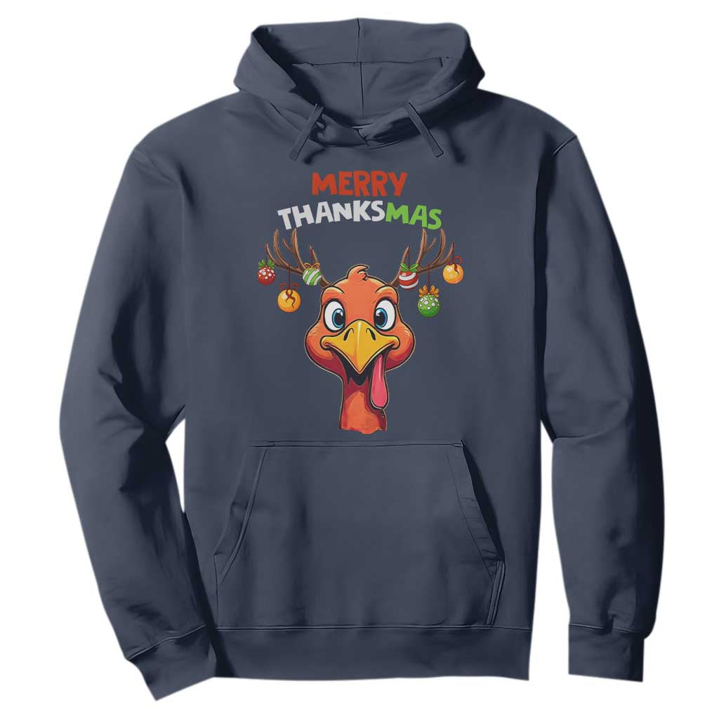 Funny Christmas Thanksgiving Hoodie Merry Thanksmas Turkey Reindeer Antler Baubles TS11 Navy Print Your Wear