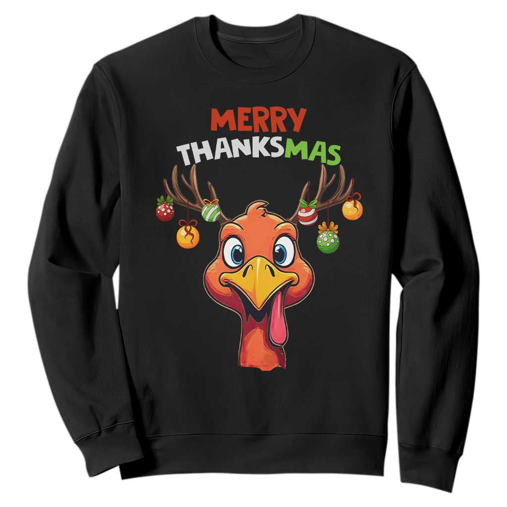 Funny Christmas Thanksgiving Sweatshirt Merry Thanksmas Turkey Reindeer Antler Baubles TS11 Black Print Your Wear