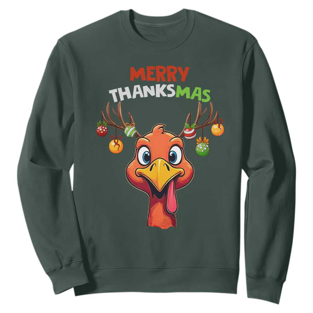 Funny Christmas Thanksgiving Sweatshirt Merry Thanksmas Turkey Reindeer Antler Baubles TS11 Dark Forest Green Print Your Wear