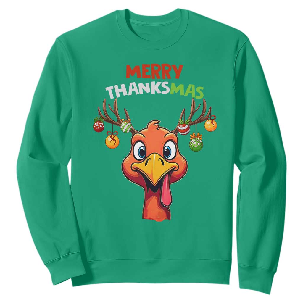 Funny Christmas Thanksgiving Sweatshirt Merry Thanksmas Turkey Reindeer Antler Baubles TS11 Irish Green Print Your Wear