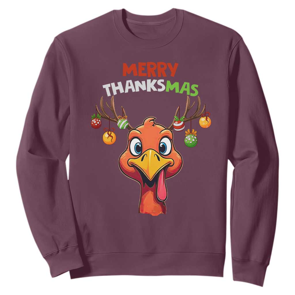 Funny Christmas Thanksgiving Sweatshirt Merry Thanksmas Turkey Reindeer Antler Baubles TS11 Maroon Print Your Wear