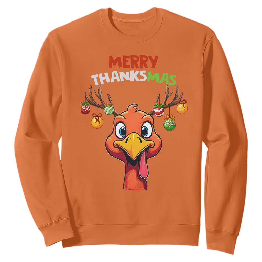 Funny Christmas Thanksgiving Sweatshirt Merry Thanksmas Turkey Reindeer Antler Baubles TS11 Orange Print Your Wear