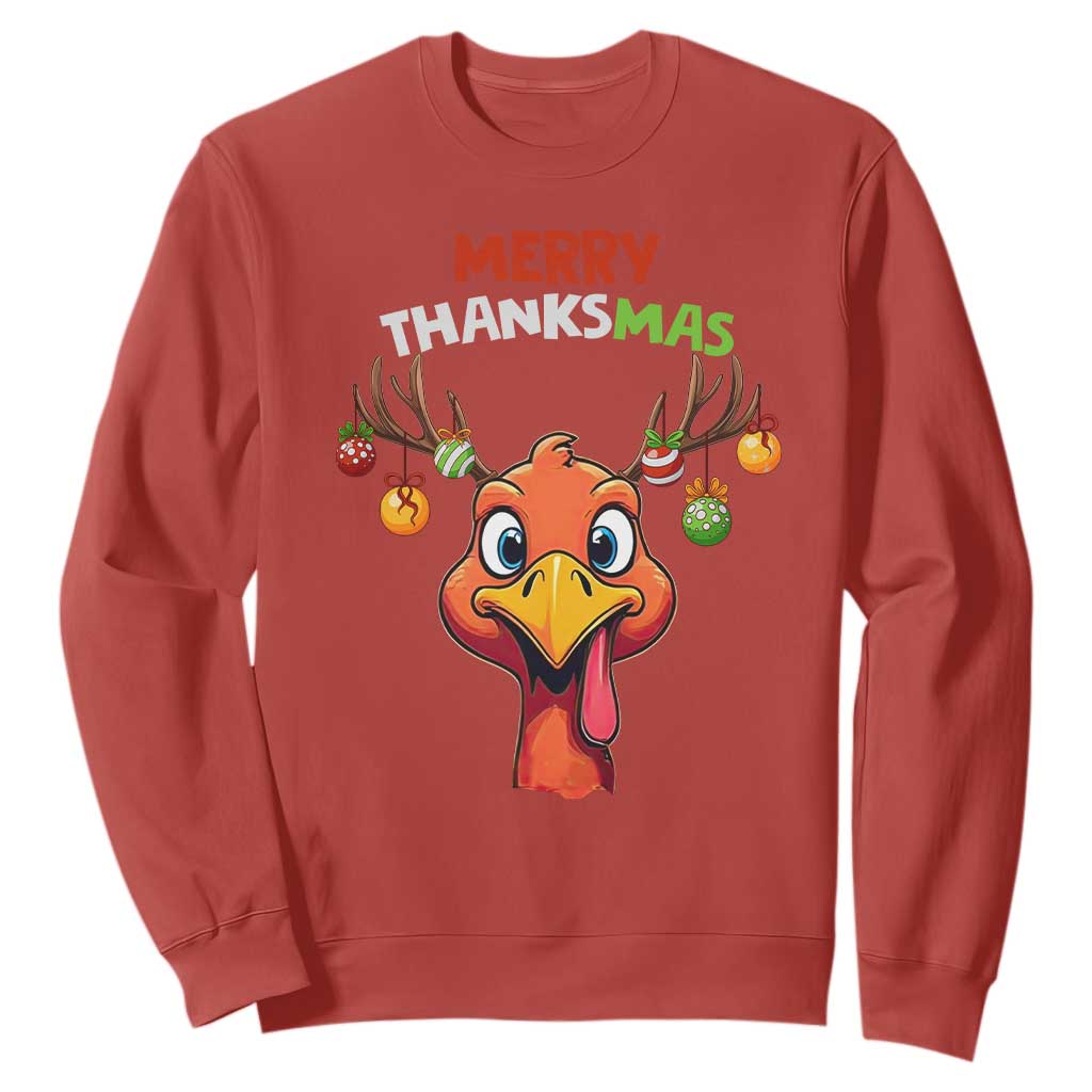 Funny Christmas Thanksgiving Sweatshirt Merry Thanksmas Turkey Reindeer Antler Baubles TS11 Red Print Your Wear