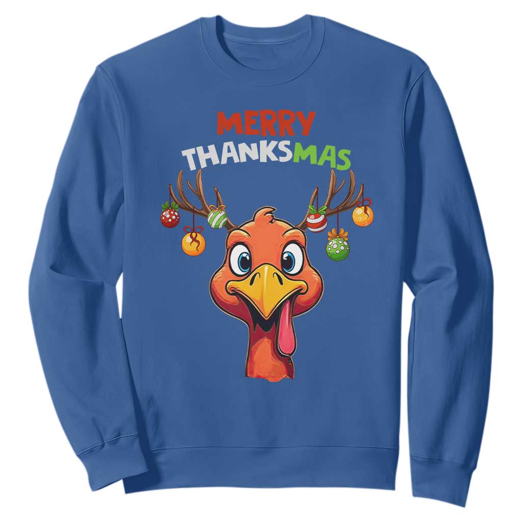 Funny Christmas Thanksgiving Sweatshirt Merry Thanksmas Turkey Reindeer Antler Baubles TS11 Royal Blue Print Your Wear