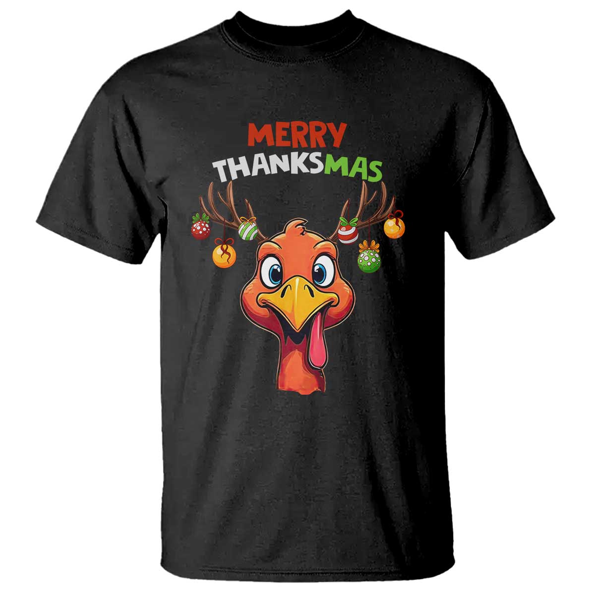 Funny Christmas Thanksgiving T Shirt Merry Thanksmas Turkey Reindeer Antler Baubles TS11 Black Print Your Wear