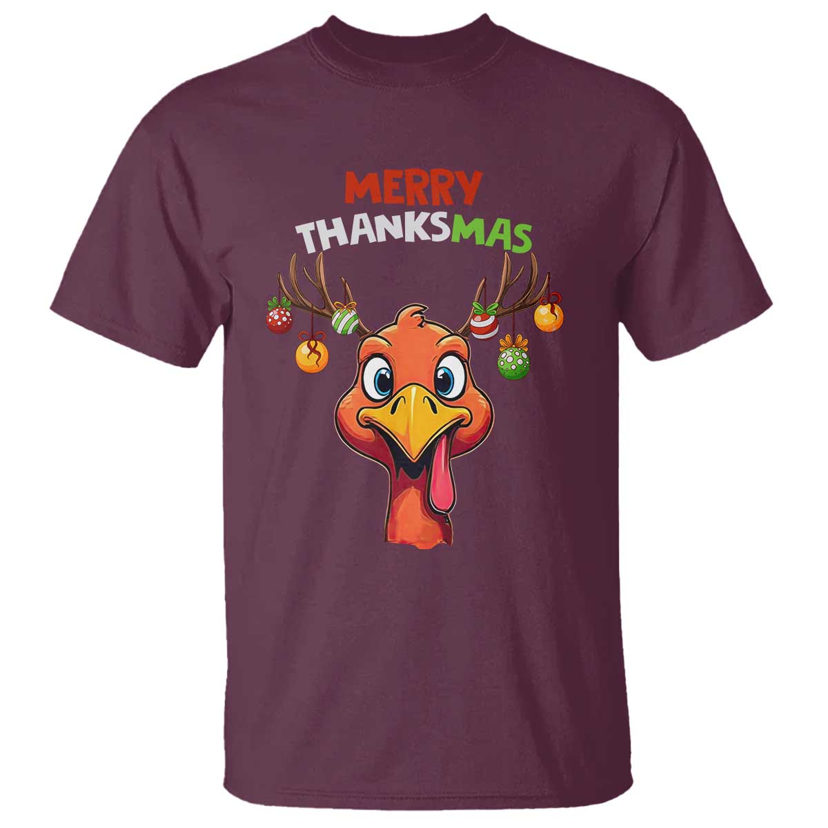 Funny Christmas Thanksgiving T Shirt Merry Thanksmas Turkey Reindeer Antler Baubles TS11 Maroon Print Your Wear