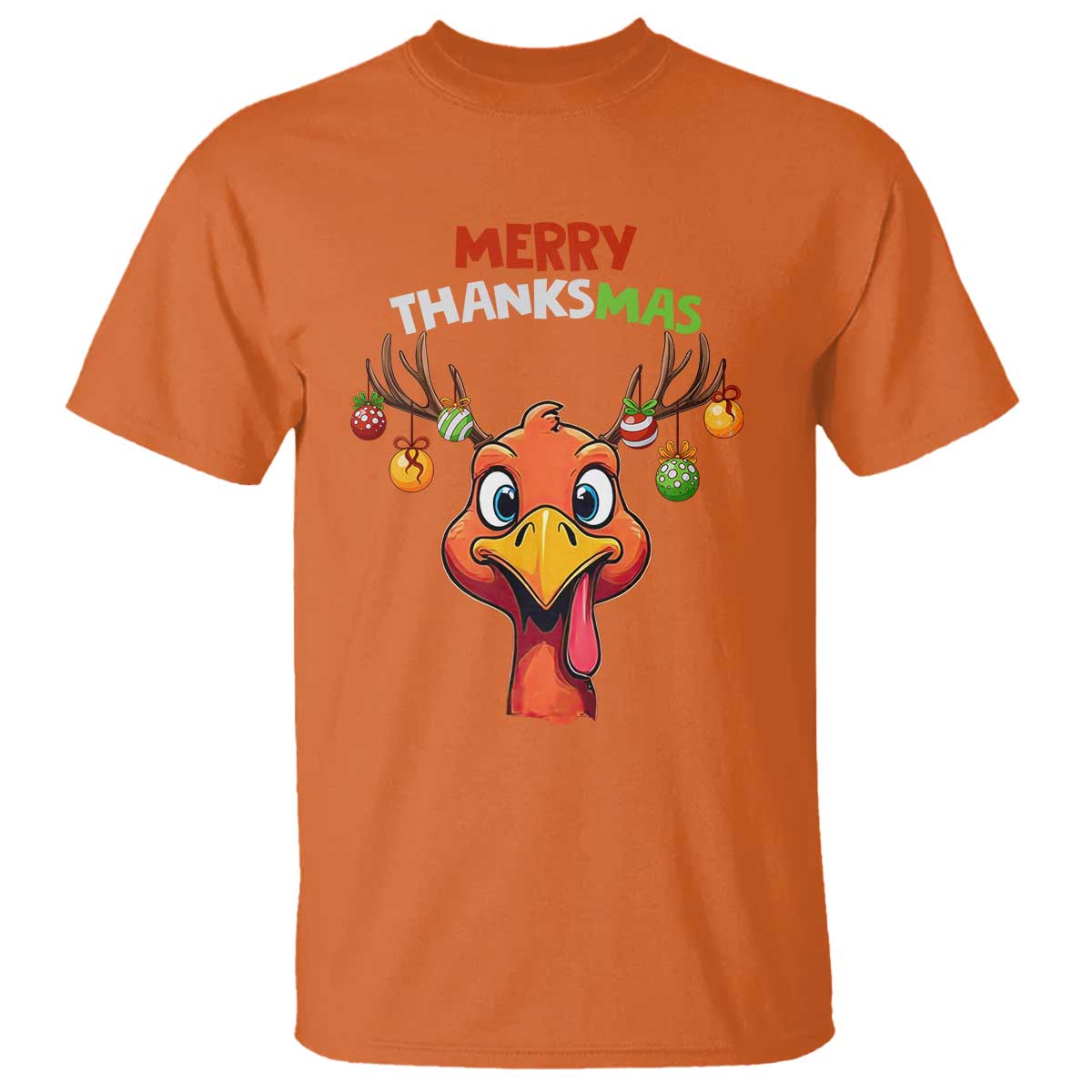 Funny Christmas Thanksgiving T Shirt Merry Thanksmas Turkey Reindeer Antler Baubles TS11 Orange Print Your Wear
