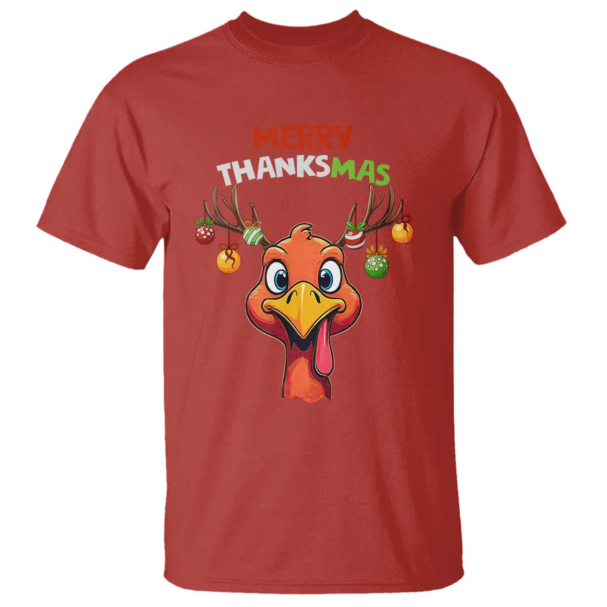 Funny Christmas Thanksgiving T Shirt Merry Thanksmas Turkey Reindeer Antler Baubles TS11 Red Print Your Wear