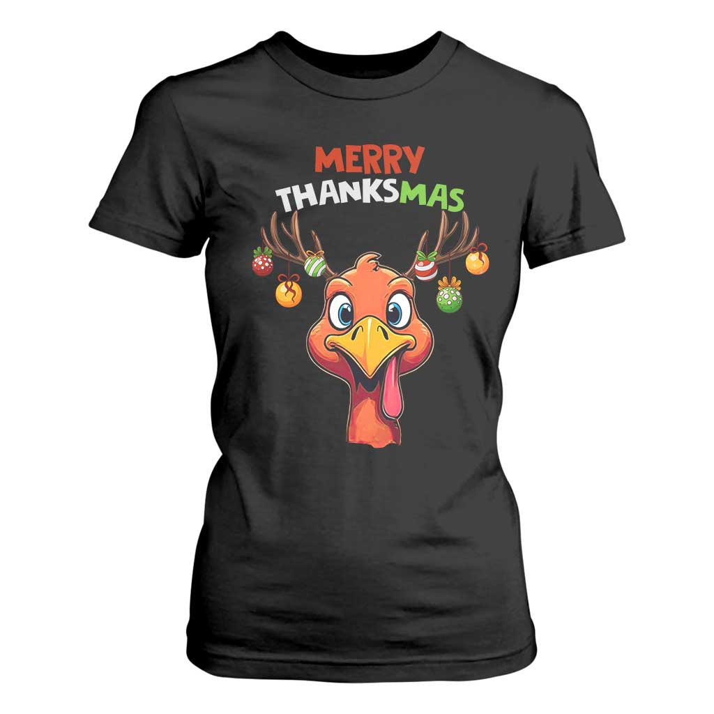 Funny Christmas Thanksgiving T Shirt For Women Merry Thanksmas Turkey Reindeer Antler Baubles TS11 Black Print Your Wear