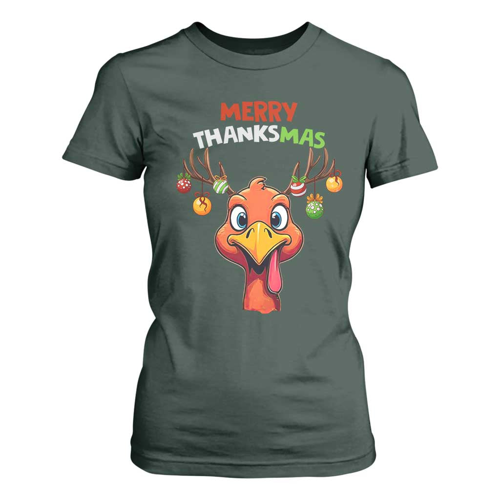 Funny Christmas Thanksgiving T Shirt For Women Merry Thanksmas Turkey Reindeer Antler Baubles TS11 Dark Forest Green Print Your Wear