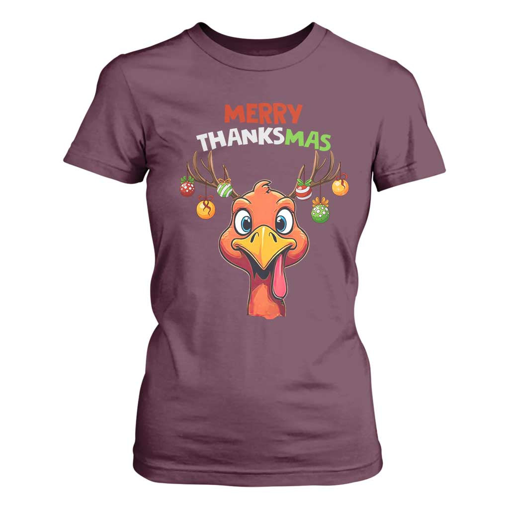 Funny Christmas Thanksgiving T Shirt For Women Merry Thanksmas Turkey Reindeer Antler Baubles TS11 Maroon Print Your Wear