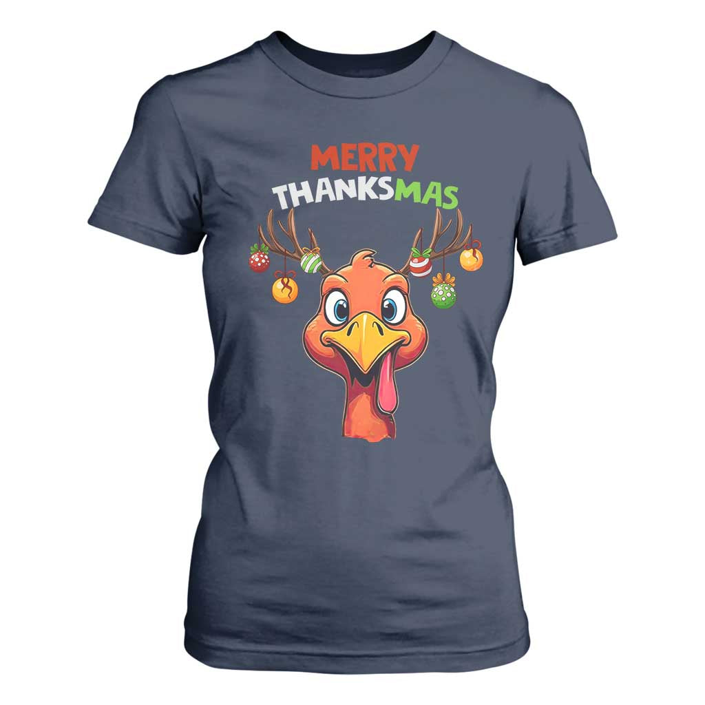 Funny Christmas Thanksgiving T Shirt For Women Merry Thanksmas Turkey Reindeer Antler Baubles TS11 Navy Print Your Wear