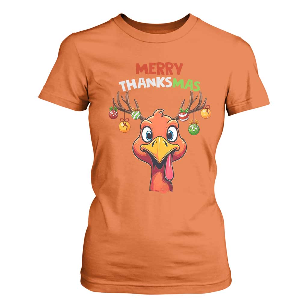 Funny Christmas Thanksgiving T Shirt For Women Merry Thanksmas Turkey Reindeer Antler Baubles TS11 Orange Print Your Wear