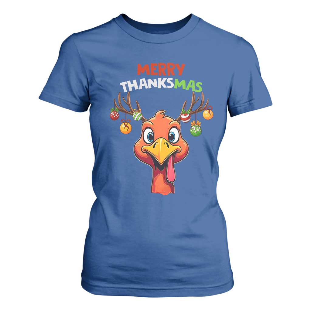 Funny Christmas Thanksgiving T Shirt For Women Merry Thanksmas Turkey Reindeer Antler Baubles TS11 Royal Blue Print Your Wear