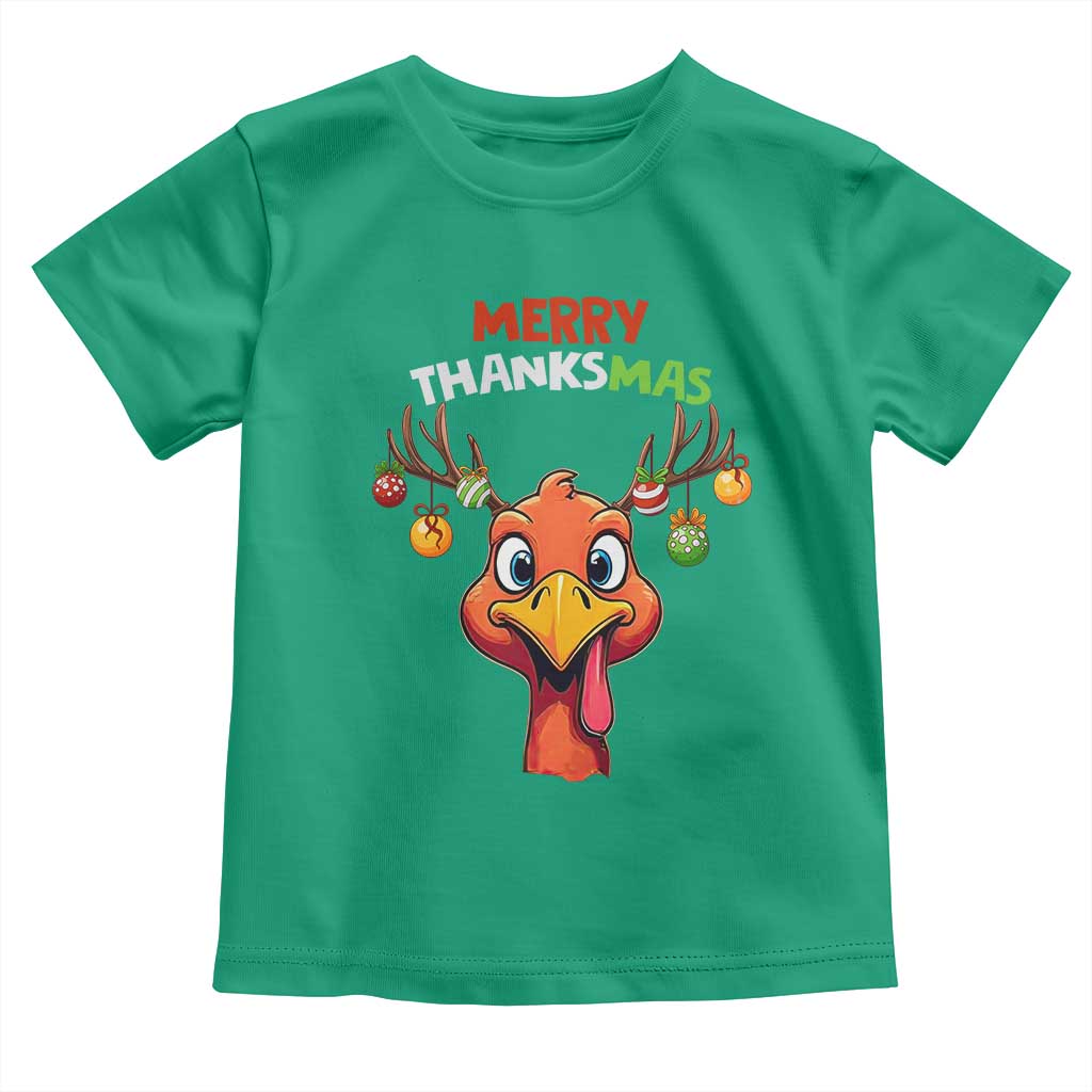 Funny Christmas Thanksgiving Toddler T Shirt Merry Thanksmas Turkey Reindeer Antler Baubles TS11 Irish Green Print Your Wear