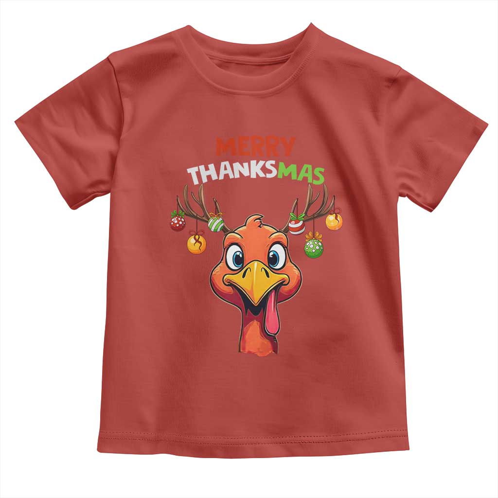 Funny Christmas Thanksgiving Toddler T Shirt Merry Thanksmas Turkey Reindeer Antler Baubles TS11 Red Print Your Wear