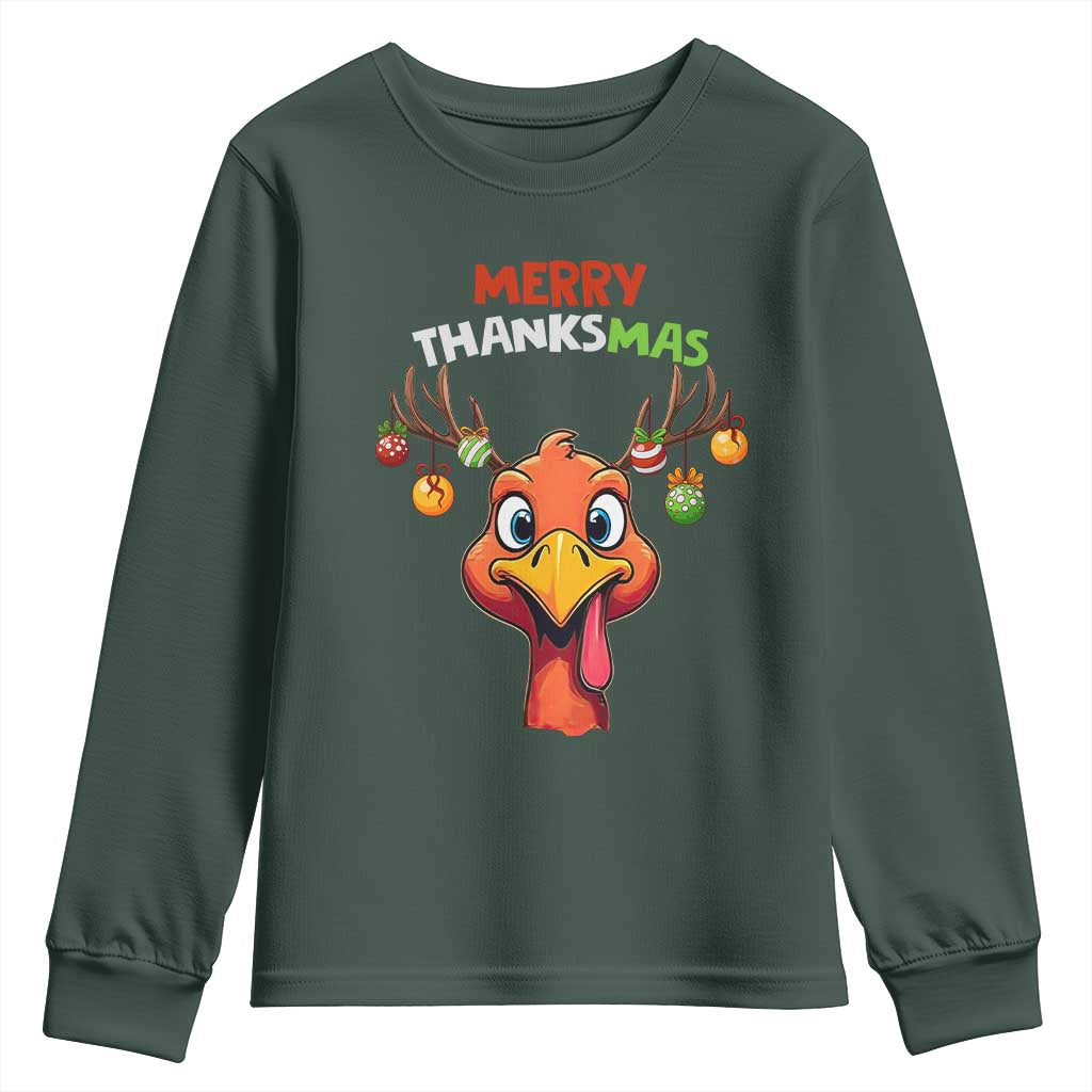 Funny Christmas Thanksgiving Youth Sweatshirt Merry Thanksmas Turkey Reindeer Antler Baubles TS11 Dark Forest Green Print Your Wear
