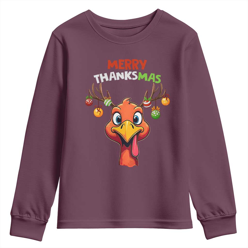Funny Christmas Thanksgiving Youth Sweatshirt Merry Thanksmas Turkey Reindeer Antler Baubles TS11 Maroon Print Your Wear