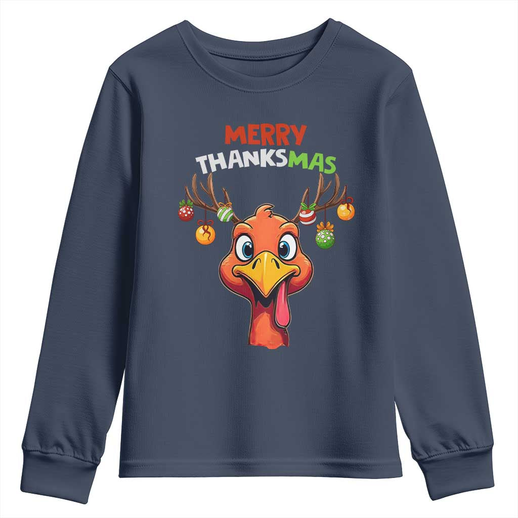 Funny Christmas Thanksgiving Youth Sweatshirt Merry Thanksmas Turkey Reindeer Antler Baubles TS11 Navy Print Your Wear