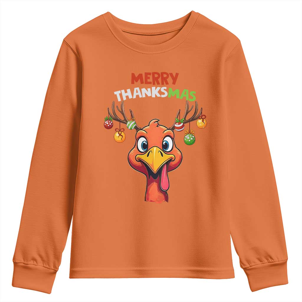 Funny Christmas Thanksgiving Youth Sweatshirt Merry Thanksmas Turkey Reindeer Antler Baubles TS11 Orange Print Your Wear