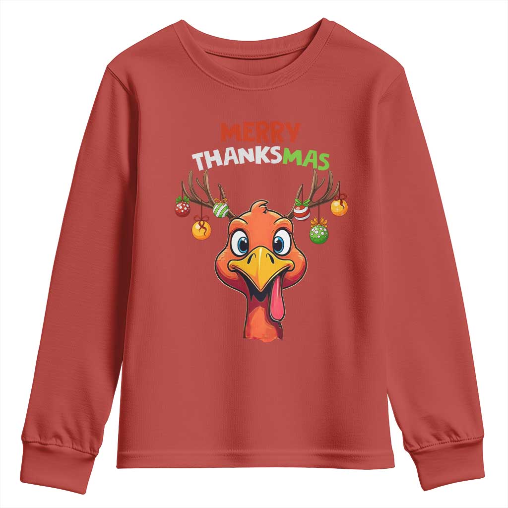 Funny Christmas Thanksgiving Youth Sweatshirt Merry Thanksmas Turkey Reindeer Antler Baubles TS11 Red Print Your Wear