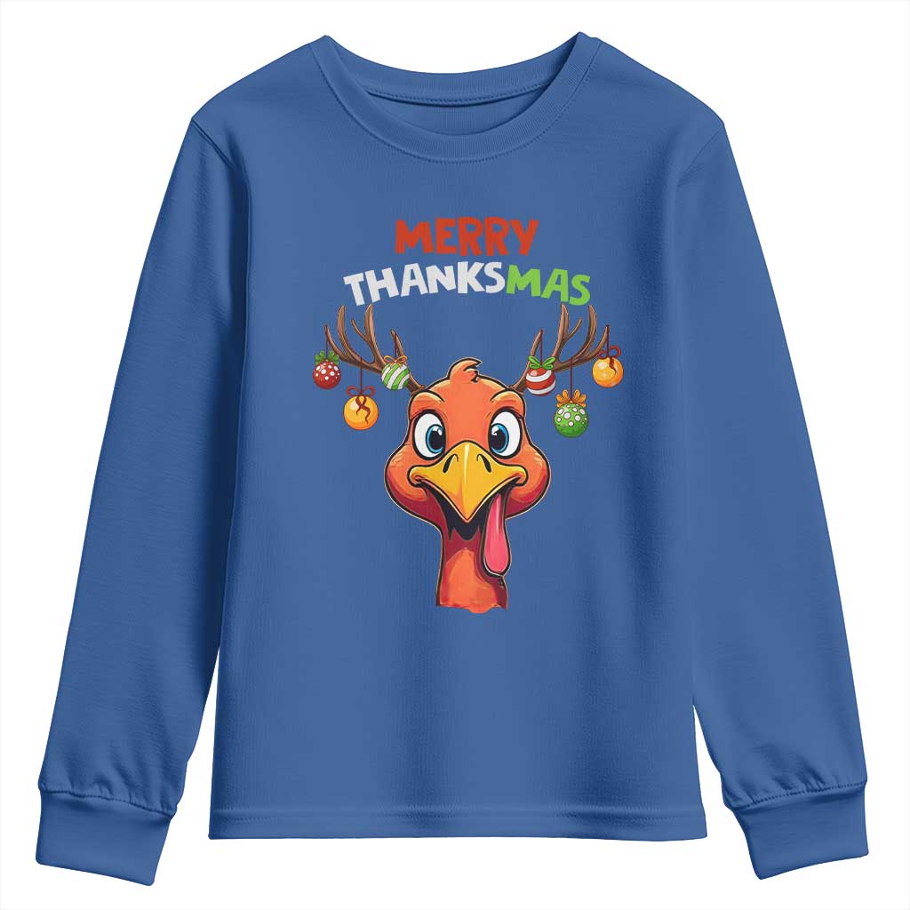 Funny Christmas Thanksgiving Youth Sweatshirt Merry Thanksmas Turkey Reindeer Antler Baubles TS11 Royal Blue Print Your Wear