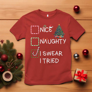 Funny Nice Naughty I Swear I Tried T Shirt Christmas Tree Candy Cane TS11 Red Print Your Wear