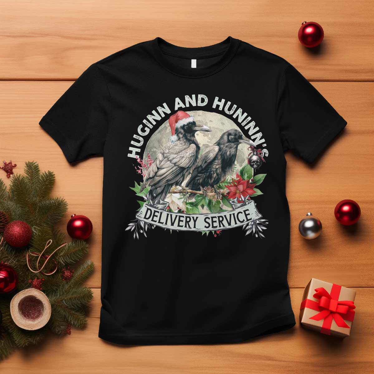 Christmas Viking T Shirt Huginn And Hunninn's Delivery Service Raven TS11 Black Print Your Wear