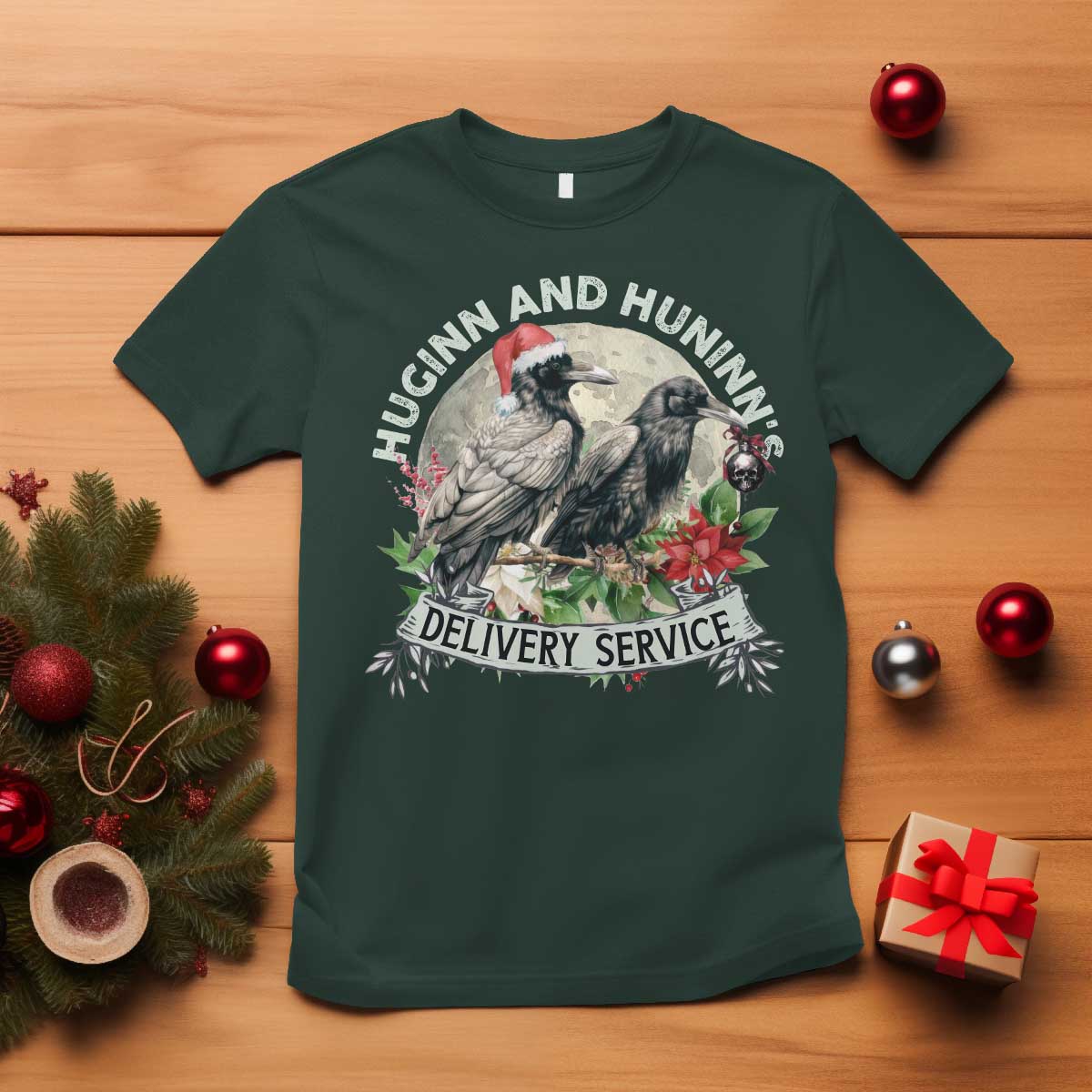 Christmas Viking T Shirt Huginn And Hunninn's Delivery Service Raven TS11 Dark Forest Green Print Your Wear