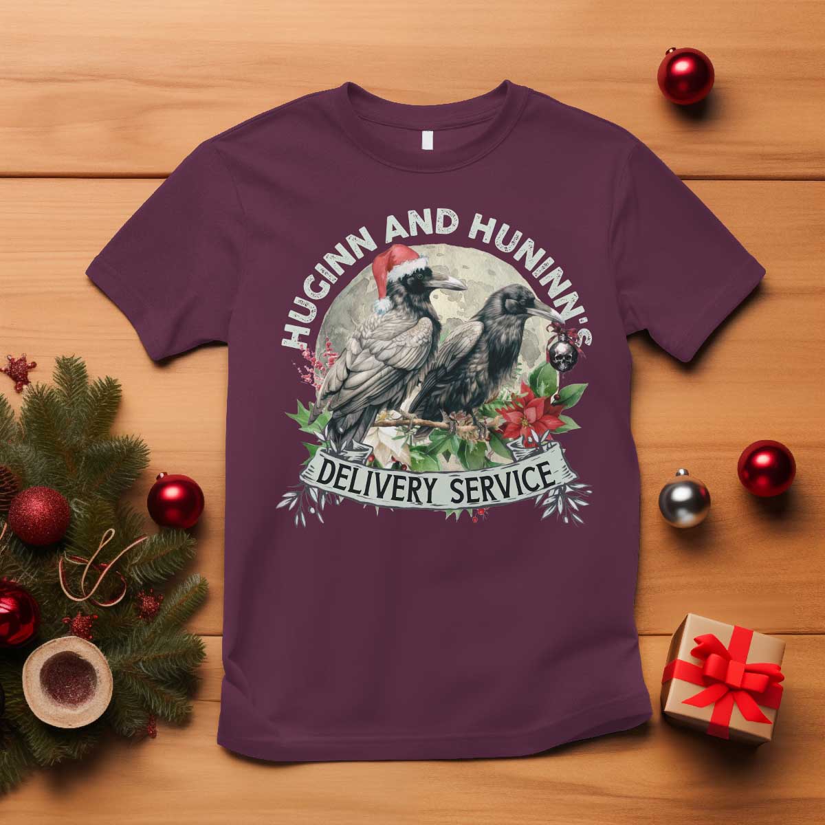 Christmas Viking T Shirt Huginn And Hunninn's Delivery Service Raven TS11 Maroon Print Your Wear