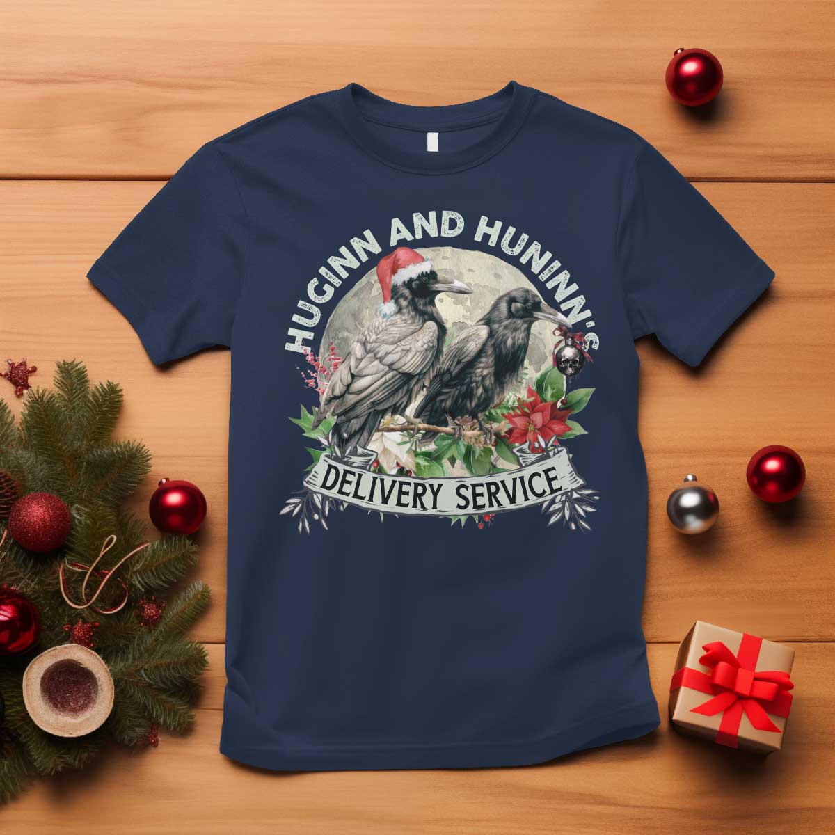 Christmas Viking T Shirt Huginn And Hunninn's Delivery Service Raven TS11 Navy Print Your Wear