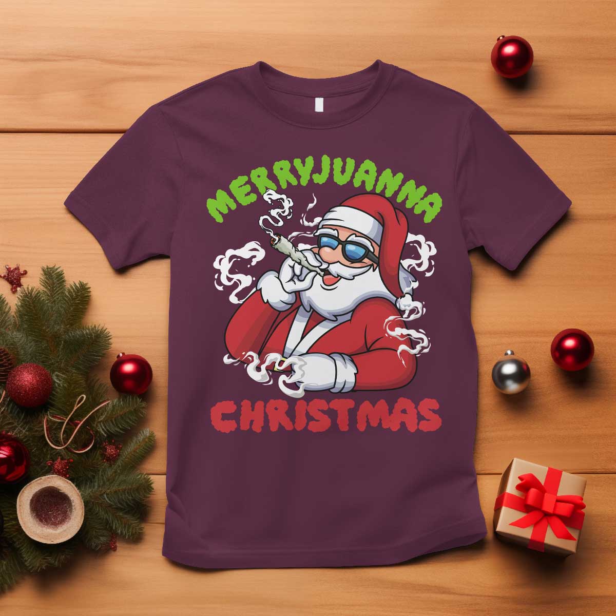 Funny Christmas Weed T Shirt Merryjuanna Christmas Santa Xmas TS11 Maroon Print Your Wear