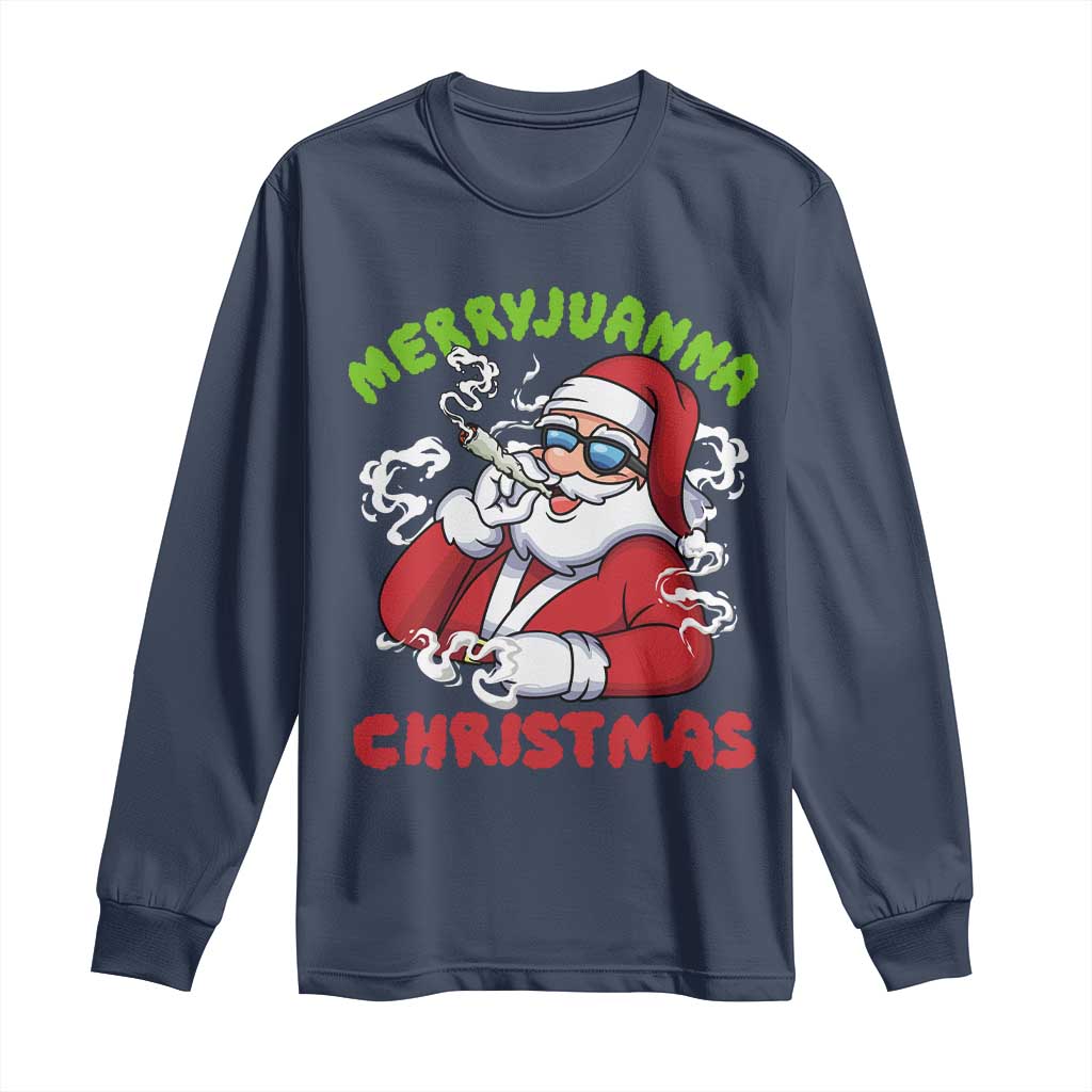 Funny Christmas Weed Long Sleeve Shirt Merryjuanna Christmas Santa Xmas TS11 Navy Print Your Wear