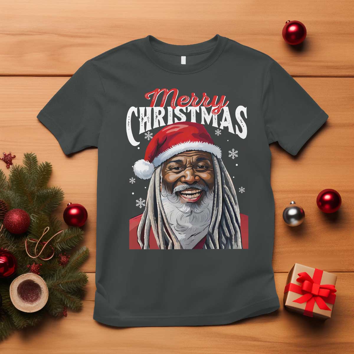 Merry Christmas Dreadlocks Black Santa T Shirt TS11 Dark Heather Print Your Wear