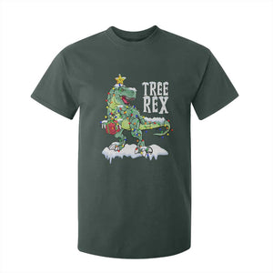 Funny Christmas T-Rex T Shirt For Kid Tree Rex Dinosaur Xmas Tree TS11 Dark Forest Green Print Your Wear