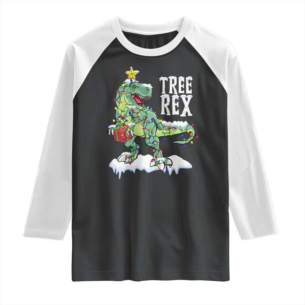 Funny Christmas T-Rex Raglan Shirt Tree Rex Dinosaur Xmas Tree TS11 Black White Print Your Wear