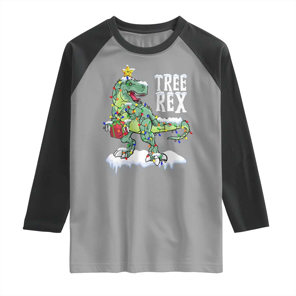 Funny Christmas T-Rex Raglan Shirt Tree Rex Dinosaur Xmas Tree TS11 Sport Gray Black Print Your Wear