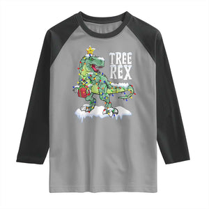 Funny Christmas T-Rex Raglan Shirt Tree Rex Dinosaur Xmas Tree TS11 Sport Gray Black Print Your Wear