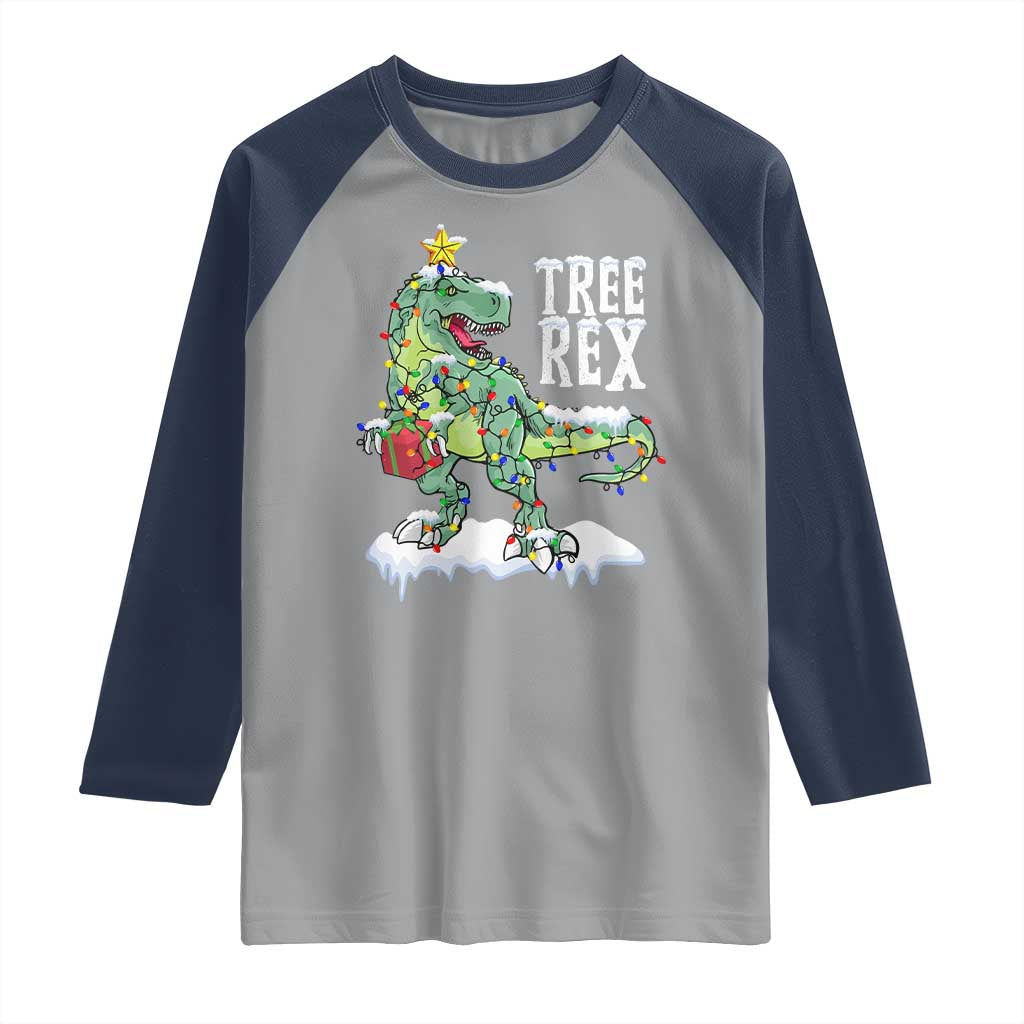 Funny Christmas T-Rex Raglan Shirt Tree Rex Dinosaur Xmas Tree TS11 Sport Gray Navy Print Your Wear