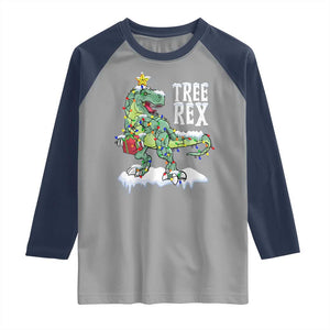 Funny Christmas T-Rex Raglan Shirt Tree Rex Dinosaur Xmas Tree TS11 Sport Gray Navy Print Your Wear