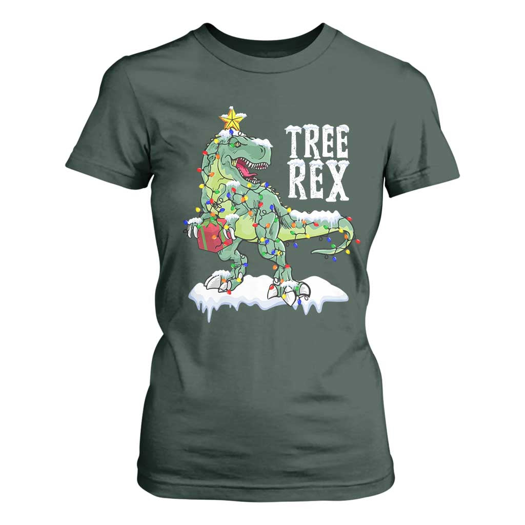 Funny Christmas T-Rex T Shirt For Women Tree Rex Dinosaur Xmas Tree TS11 Dark Forest Green Print Your Wear