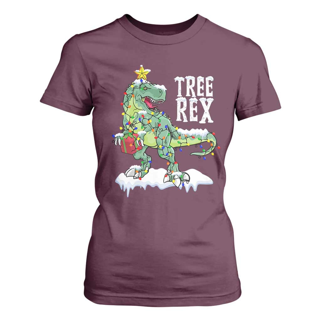 Funny Christmas T-Rex T Shirt For Women Tree Rex Dinosaur Xmas Tree TS11 Maroon Print Your Wear
