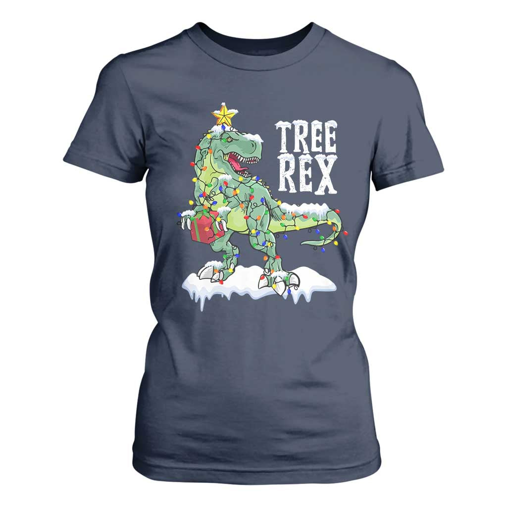 Funny Christmas T-Rex T Shirt For Women Tree Rex Dinosaur Xmas Tree TS11 Navy Print Your Wear