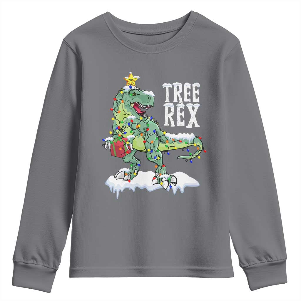 Funny Christmas T-Rex Youth Sweatshirt Tree Rex Dinosaur Xmas Tree TS11 Charcoal Print Your Wear